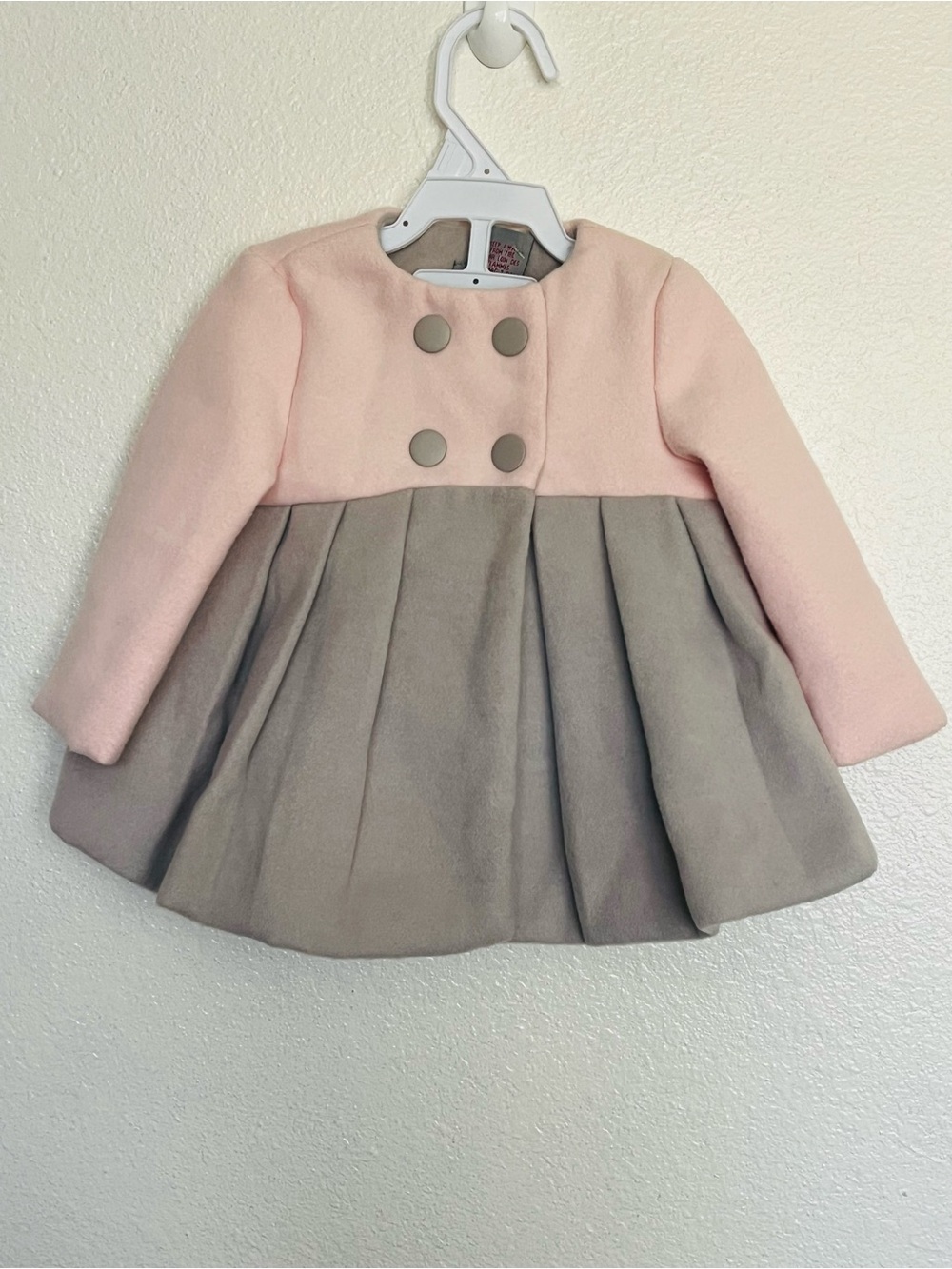 TAHARI Pink and Gray Pleated A-Line Pea Coat 3-6 Months